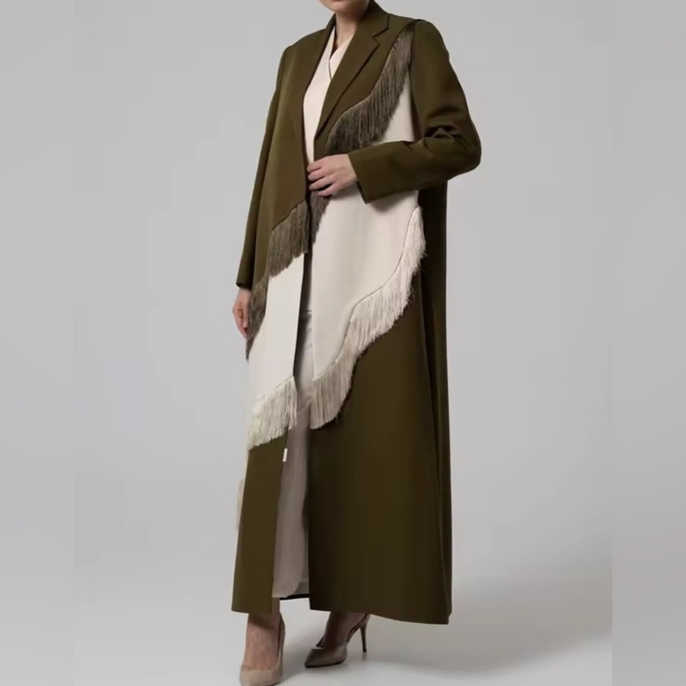 Retail $398 Kaliedo Olive Green Long Coat with Western Fringe Jacket